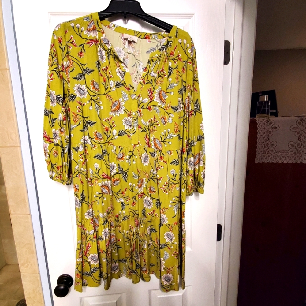 LOFT Lime Green Floral Print Dress, Size Large